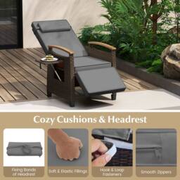 Gymax Outdoor Wicker Reclining Chair With Footrest Rattan Lounge Chair in Grey - thumbnail 6