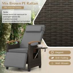 Gymax Outdoor Wicker Reclining Chair With Footrest Rattan Lounge Chair in Grey - thumbnail 5