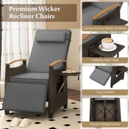 Gymax Outdoor Wicker Reclining Chair With Footrest Rattan Lounge Chair in Grey - thumbnail 7