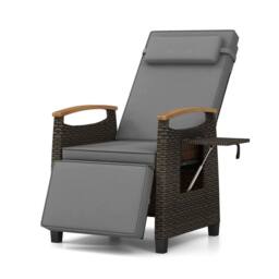 Gymax Outdoor Wicker Reclining Chair With Footrest Rattan Lounge Chair in Grey