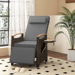 Gymax Outdoor Wicker Reclining Chair With Footrest Rattan Lounge Chair in Grey - thumbnail 3