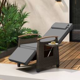 Gymax Outdoor Wicker Reclining Chair With Footrest Rattan Lounge Chair in Grey - thumbnail 4