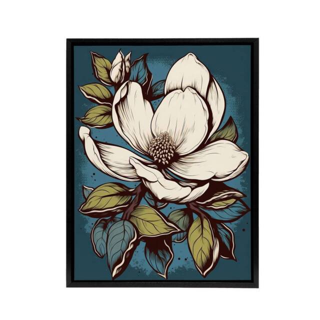 "Artery8 Magnolia Flower Old School USA Tattoo Design Framed Canvas Wall Art Print in Blue - Size: W12"" x H16""" - image 1