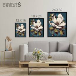 "Artery8 Magnolia Flower Old School USA Tattoo Design Framed Canvas Wall Art Print in Blue - Size: W12"" x H16""" - thumbnail 4