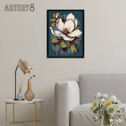 "Artery8 Magnolia Flower Old School USA Tattoo Design Framed Canvas Wall Art Print in Blue - Size: W12"" x H16""" - thumbnail 3