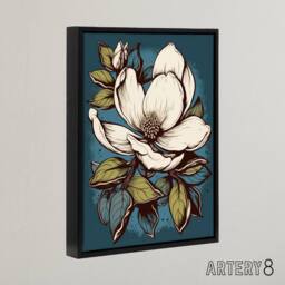 "Artery8 Magnolia Flower Old School USA Tattoo Design Framed Canvas Wall Art Print in Blue - Size: W12"" x H16""" - thumbnail 2