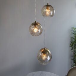 Loops Satin Brass 3 Light Ceiling Pendant Fitting & Campagne Dimpled Glass Shades in Clear - thumbnail 5