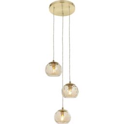 Loops Satin Brass 3 Light Ceiling Pendant Fitting & Campagne Dimpled Glass Shades in Clear - thumbnail 1
