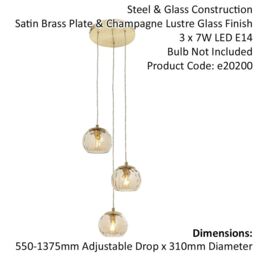 Loops Satin Brass 3 Light Ceiling Pendant Fitting & Campagne Dimpled Glass Shades in Clear - thumbnail 2