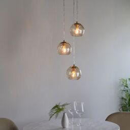 Loops Satin Brass 3 Light Ceiling Pendant Fitting & Campagne Dimpled Glass Shades in Clear - thumbnail 3