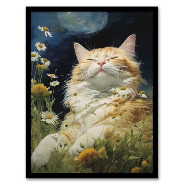 "Artery8 Wall Art Print Norwegian Forest Cat Sunbathing In Wildflower Meadow Oil Painting Art Framed in Black - Size: W12"" x H16""" - image 1