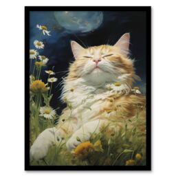 "Artery8 Wall Art Print Norwegian Forest Cat Sunbathing In Wildflower Meadow Oil Painting Art Framed in Black - Size: W12"" x H16""" - thumbnail 1