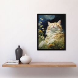 "Artery8 Wall Art Print Norwegian Forest Cat Sunbathing In Wildflower Meadow Oil Painting Art Framed in Black - Size: W12"" x H16""" - thumbnail 4