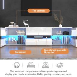 Rolipo Modern White LED TV Stand 160cm High Gloss Console - thumbnail 2