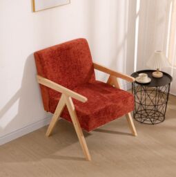 Nordlys Scandinavian Lounge Armchair with Wooden Frame & Fabric in Red - thumbnail 7