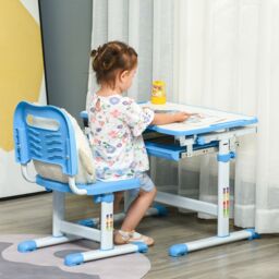 HOMCOM Kids Desk & Chair Set, Height Adjustable Writing Desk Study Table in Blue - thumbnail 1