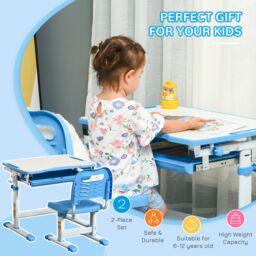 HOMCOM Kids Desk & Chair Set, Height Adjustable Writing Desk Study Table in Blue - thumbnail 4