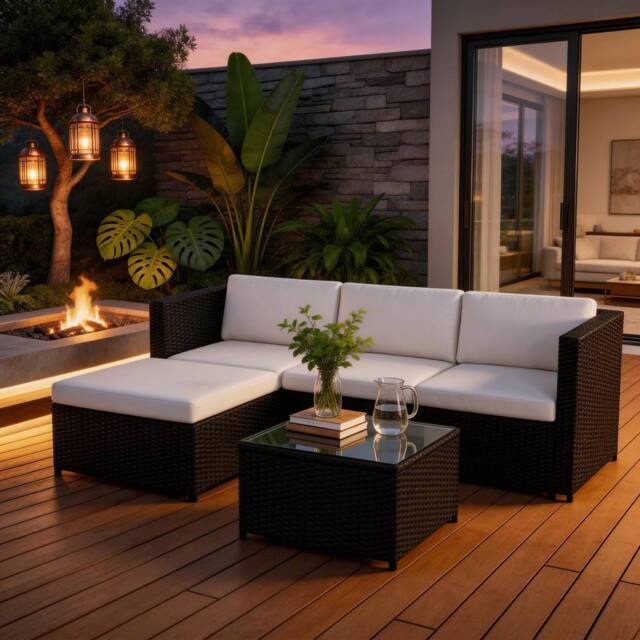 FENCHILIN Garden Corner Sofa Set Rattan Patio L-Shaped Sofa & Table Lounge Set in Black - image 1