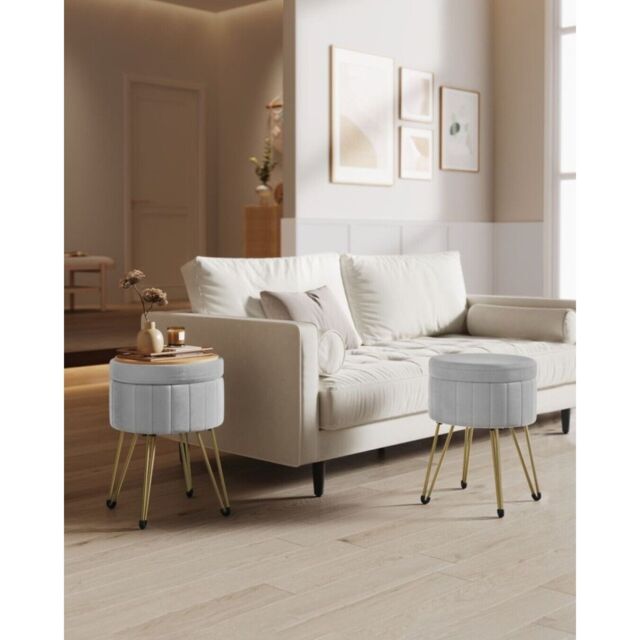 SONGMICS Round Velvet Storage Ottoman Dressing Stool 4 Metal Legs in Grey - image 1