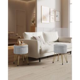 SONGMICS Round Velvet Storage Ottoman Dressing Stool 4 Metal Legs in Grey - thumbnail 1