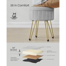 SONGMICS Round Velvet Storage Ottoman Dressing Stool 4 Metal Legs in Grey - thumbnail 3