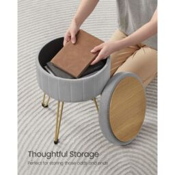 SONGMICS Round Velvet Storage Ottoman Dressing Stool 4 Metal Legs in Grey - thumbnail 5