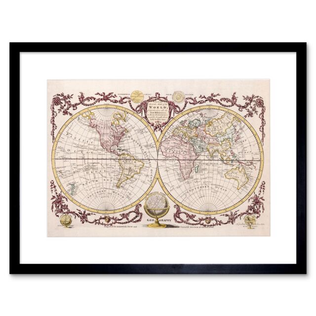"Artery8 Wall Art Print Map of The World Vintage Art Black Framed 9x7 inch - Size: W7"" x H9""" - image 1
