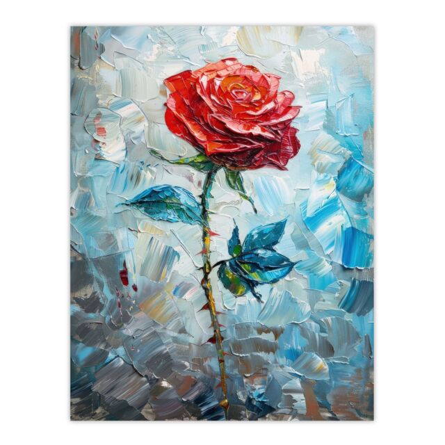 "Artery8 Wall Art Print Single Red Rose Oil Painting Romance Artistic Poster in Blue - Size: W24"" x H32""" - image 1