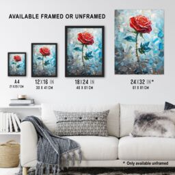 "Artery8 Wall Art Print Single Red Rose Oil Painting Romance Artistic Poster in Blue - Size: W24"" x H32""" - thumbnail 3