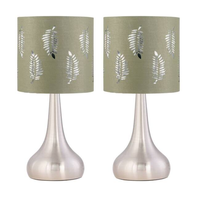 First Choice Lighting Set of 2 Romana - Brushed Chrome Touch Lamps with Sage Green Fern in Silver - image 1