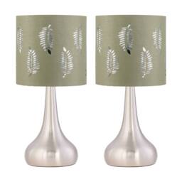 First Choice Lighting Set of 2 Romana - Brushed Chrome Touch Lamps with Sage Green Fern in Silver - thumbnail 1