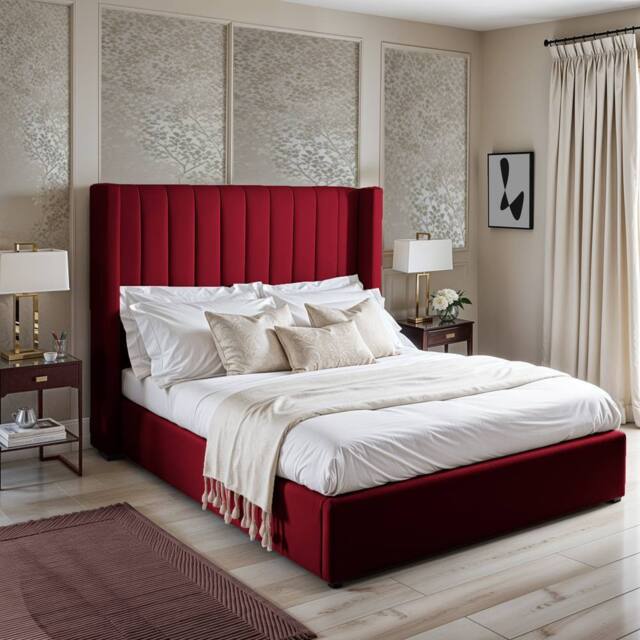 UK Bed Furniture Barcelona Upholstered Bed with 48 Inch Headboard & Slatted Base in Maroon - Size: Super King