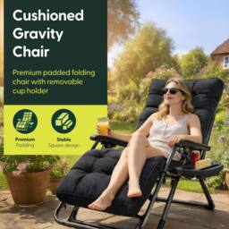 Keplin Square Tube Zero Gravity Chair with Cushion - Extra-Wide 72cm Recliner in Black - thumbnail 3