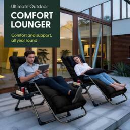 Keplin Square Tube Zero Gravity Chair with Cushion - Extra-Wide 72cm Recliner in Black - thumbnail 9