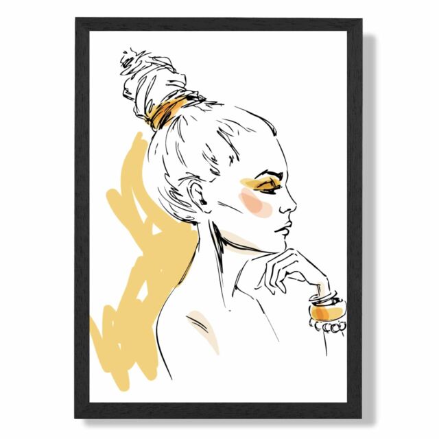 ARTZE Girl Fashion Pen & Ink Sketch Framed Print SIZE: A2 with Black Frame in Yellow - Size: A4 - image 1