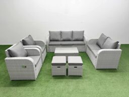 Fimous PE Rattan Garden Furniture Set Adjustable Chair Sofa Double Love Seat 2 Seater Sofa Lounge Set Oblong Coffee Table 2 Stools Light Grey - thumbnail 1