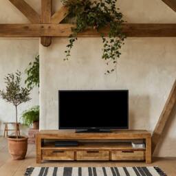 Wyld Haus London Natural Mango Wood Large TV Cabinet 3 Drawers 1 Shelf in Brown