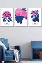 ARTZE Set of 3 White Framed Pink & Navy Blue Flower Market Posies Wall Art - Size: W33 cm x H45 cm x D20mm - thumbnail 1