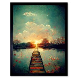 "Artery8 Wall Art Print Path Into The Light Calm Landscape Oil Painting Art Framed in Black - Size: W12"" x H16""" - thumbnail 1