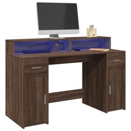 Berkfield Home Desk with LED Lights Brown Oak 140x55x91 cm Engineered Wood - Size: 140 x 55 x 91 cm - thumbnail 1