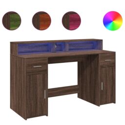 Berkfield Home Desk with LED Lights Brown Oak 140x55x91 cm Engineered Wood - Size: 140 x 55 x 91 cm - thumbnail 2