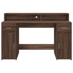 Berkfield Home Desk with LED Lights Brown Oak 140x55x91 cm Engineered Wood - Size: 140 x 55 x 91 cm - thumbnail 6