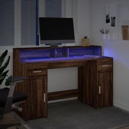 Berkfield Home Desk with LED Lights Brown Oak 140x55x91 cm Engineered Wood - Size: 140 x 55 x 91 cm - thumbnail 5