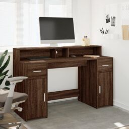 Berkfield Home Desk with LED Lights Brown Oak 140x55x91 cm Engineered Wood - Size: 140 x 55 x 91 cm - thumbnail 4