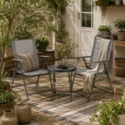 Wyld Haus Tonopa 3 Piece Light Grey Folding Garden Set Glass Top Table & Mesh