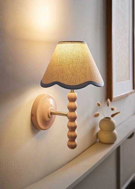 ValueLights Bobbins Rose Pink Bobble Wall Light & Linen Pastel Trim Lamp Shade in Pale Blue - image 1