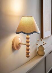 ValueLights Bobbins Rose Pink Bobble Wall Light & Linen Pastel Trim Lamp Shade in Pale Blue