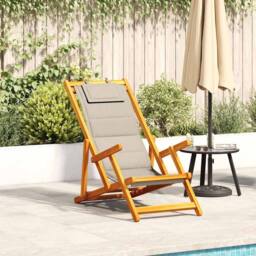 Berkfield Home Folding Beach Chair with Armrests Taupe Acacia Wood & Textilene - thumbnail 2
