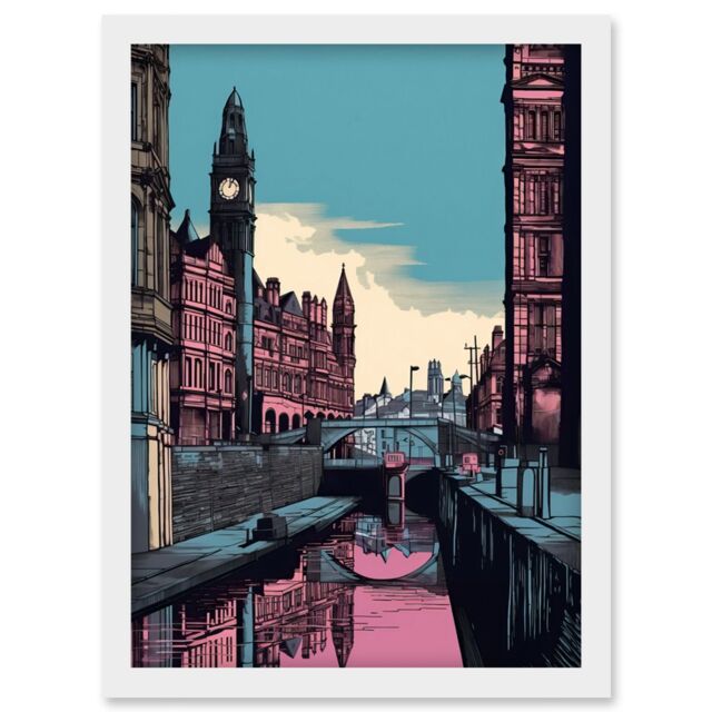 Artery8 Leeds Canal Cityscape Pink & Teal Illustration Artwork Framed Wall Art Print A4 in White - image 1