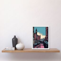 Artery8 Leeds Canal Cityscape Pink & Teal Illustration Artwork Framed Wall Art Print A4 in White - thumbnail 2